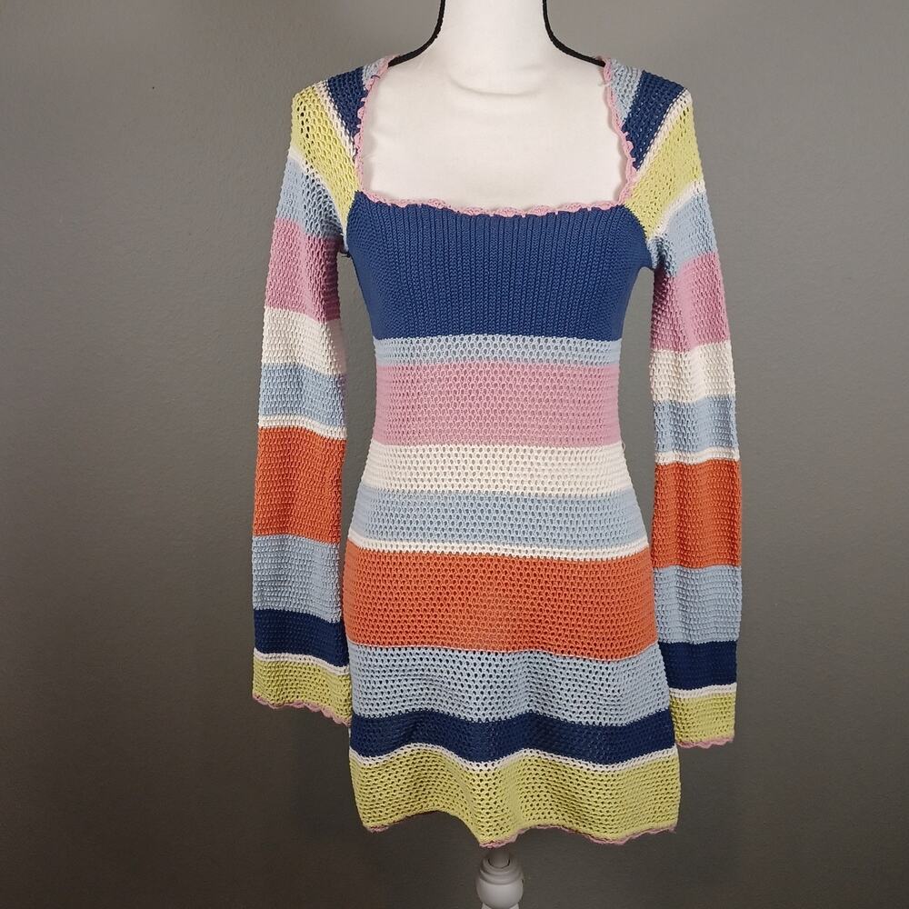 Forever 21 Crochet Striped Tunic Boho Open Knit Top EUC